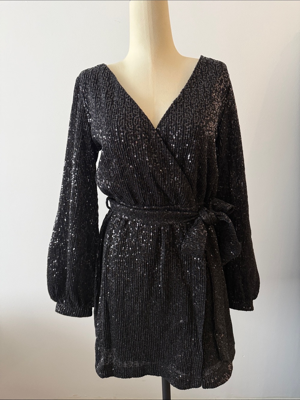 Dynamite Black Sequin Wrap Dress with Tie Waist